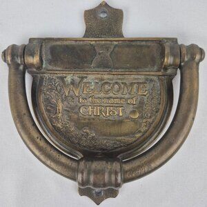 Vintage Brass Door Knocker Christian Theme Welcome in the Name of CHRIST  80's